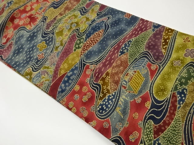 型染民家風景に花々模様名古屋帯